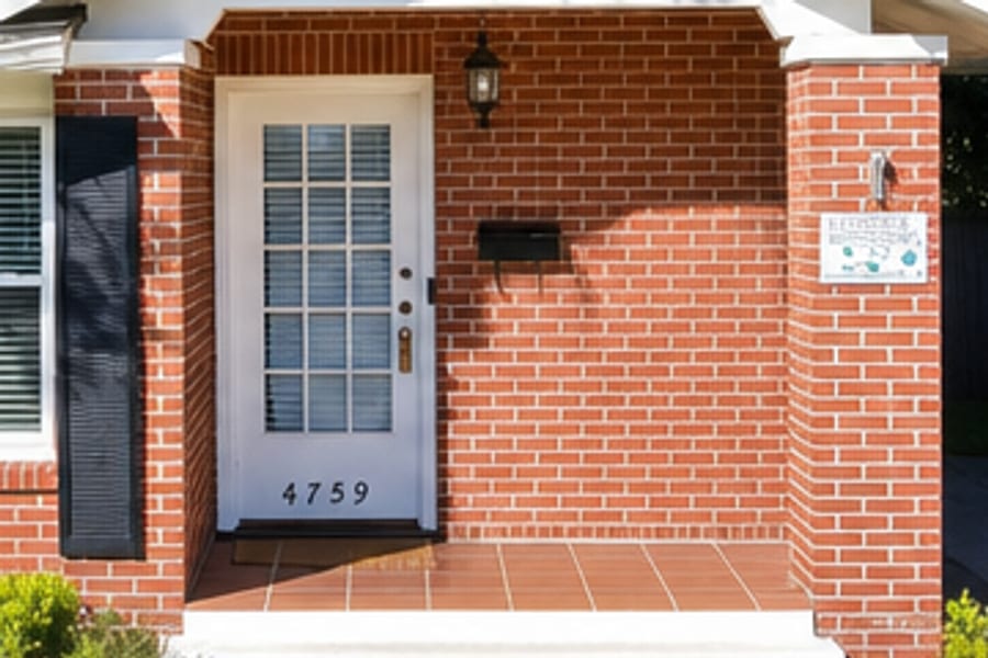 Detail crop of the front door and house number from the standard resolution download, enlarged to print size. Brick edges are smoothed and the plaque text is soft.