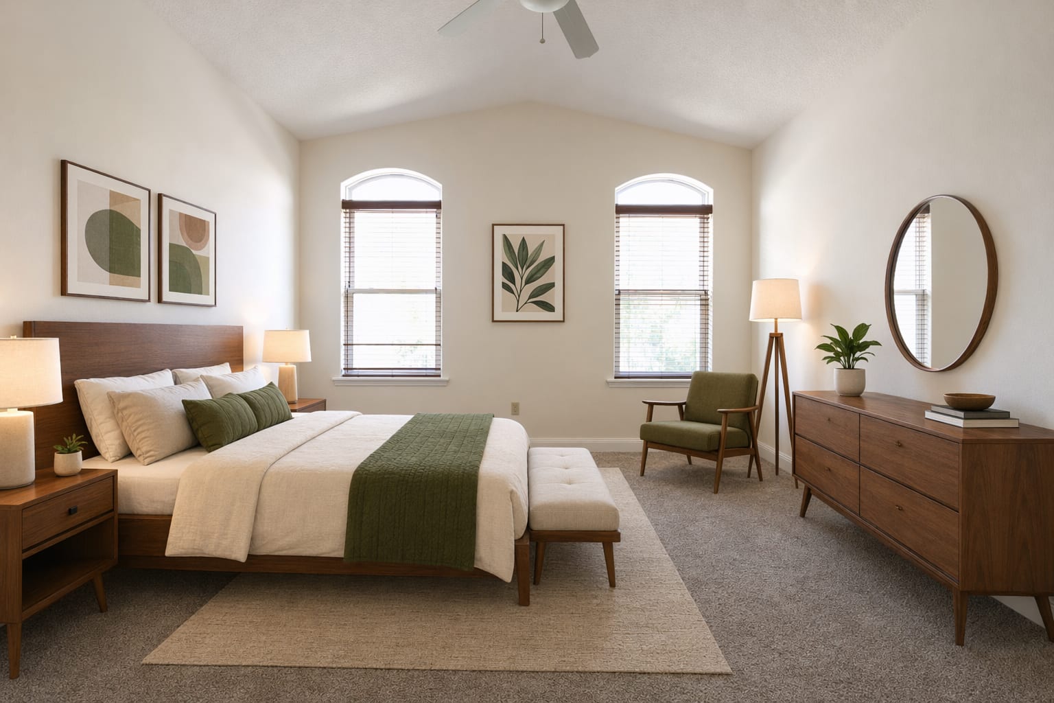 Same bedroom staged in mid-century modern: walnut bedframe, walnut nightstands, walnut dresser with a circular mirror, olive-green wood-armed accent chair, olive-green throw, framed botanical art.