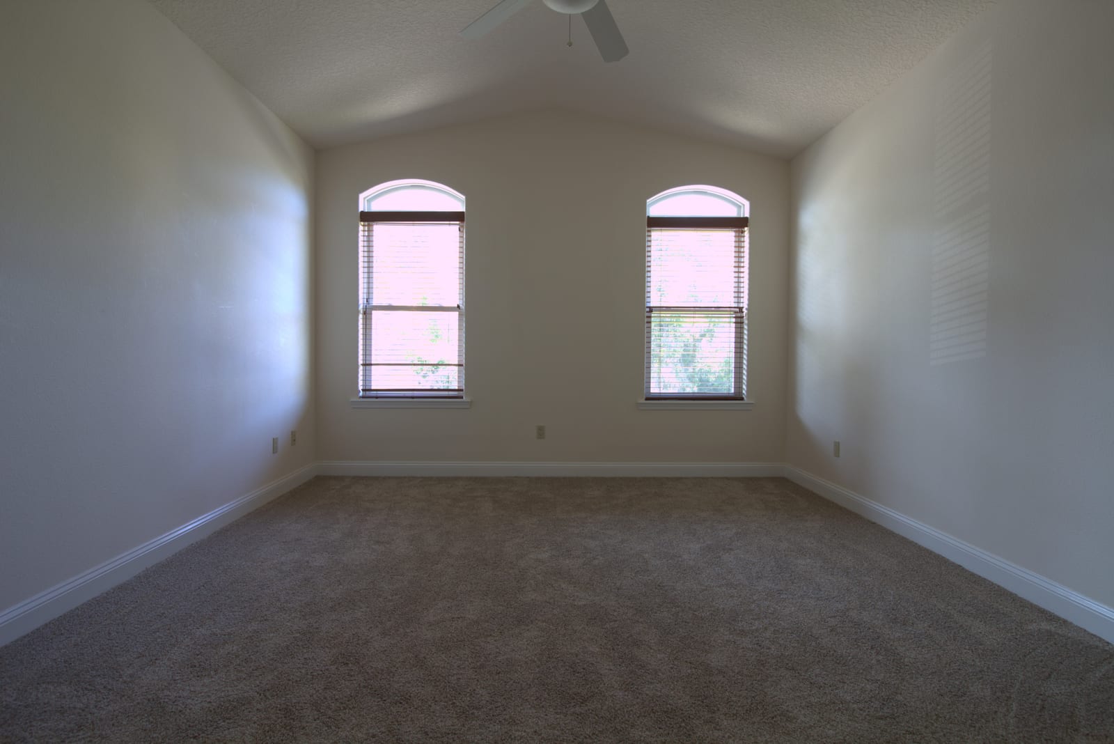 Empty primary bedroom with vaulted ceiling, two arched windows with blinds, neutral carpet. Fine bones but hard for a buyer to picture furnished.