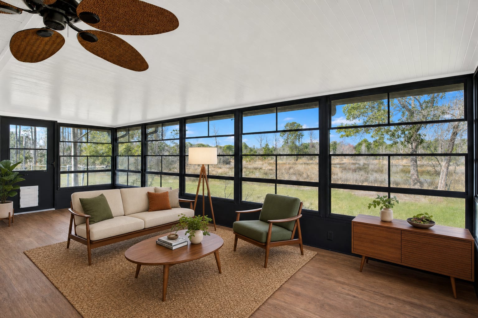 Same sunroom staged in mid-century modern: cream sofa, mustard accent pillows, olive-green accent chair, oval walnut coffee table, walnut credenza, jute rug. Window views restored.