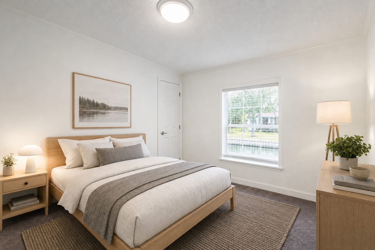 Same bedroom staged in scandinavian style. Wood-frame bed with white linens and a gray throw, framed nature print above the headboard, light wood nightstand with a brass-base lamp, area rug.