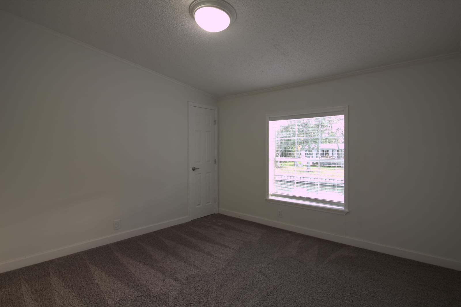 Empty bedroom with brown carpet, plain white walls, single window with horizontal blinds, and a ceiling fan-light. Small spare room with no scale reference.