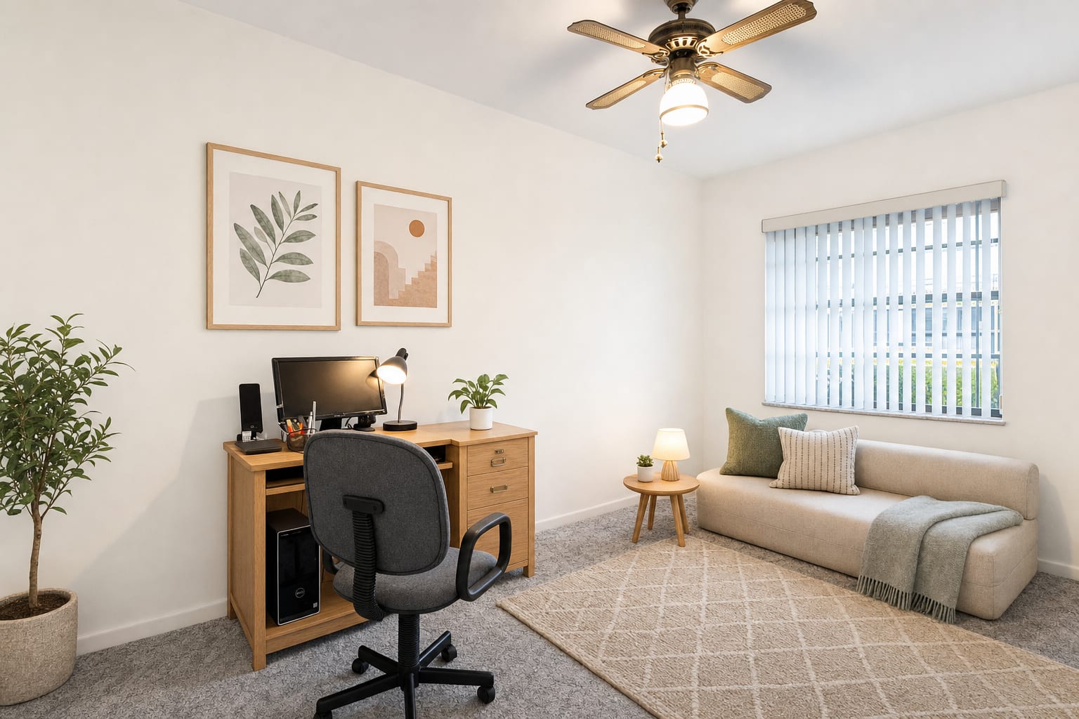 Same room redecorated in scandinavian style. Light wood desk with a monitor, plants, and a lamp; modern gray office chair; clean-lined daybed with pillows and a throw; framed botanical prints; area rug.